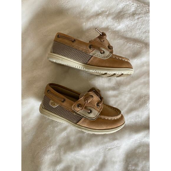 Sperry Top Sider Boat Shoe Tan Leather EUC Toddler US 8M UK 7 Kids Summer Spring - Picture 1 of 7